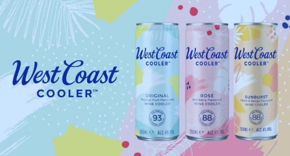 Three West Coast Cooler cans—Original, Rosé, and Sunburst—stand side by side against a pastel, tropical-themed background with the West Coast Cooler logo on the left.